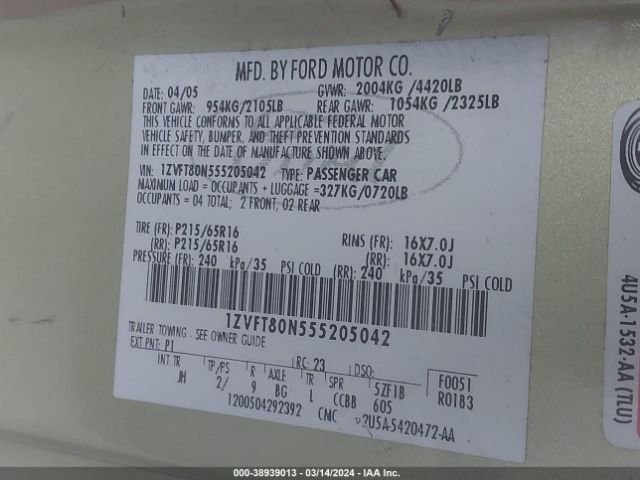 2005 FORD MUSTANG 1ZVFT80N555205042 Photo 8