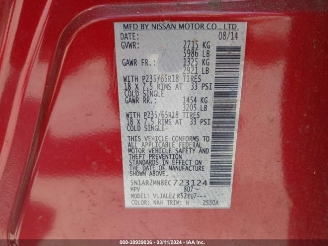 5N1AR2MN8EC723124 Nissan Pathfinder Sv