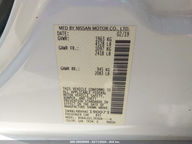 Nissan Altima 2.5 S 2019 1N4BL4BVXKC190073 Image 9