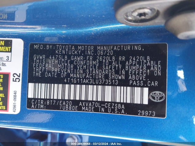 Toyota CAMRY SE 2020 4T1G11AK3LU373513 Image 9