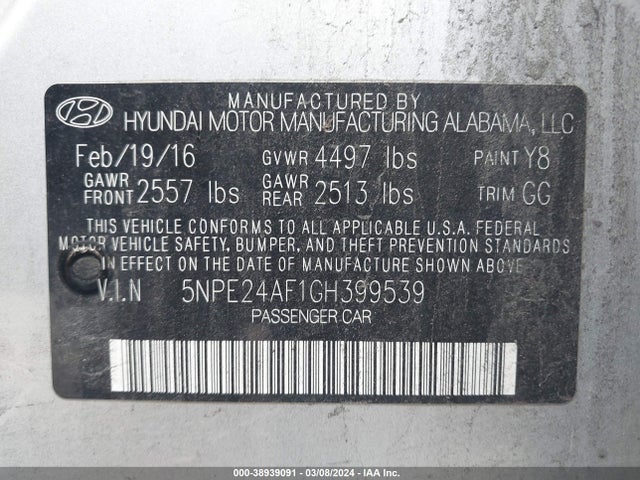 Hyundai SONATA SE 2016 5NPE24AF1GH399539 Image 9