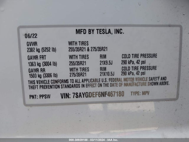7SAYGDEF6NF467180 Tesla Model Y Performance Dual Motor All-wheel Drive