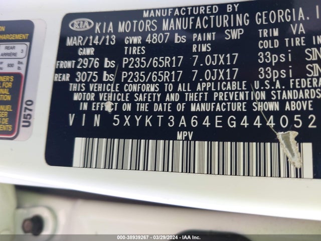KIA SORENTO LX 2014 5XYKT3A64EG444052 Image 9