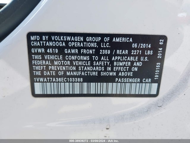 1VWAT7A36EC103388 Volkswagen Passat 1.8t S