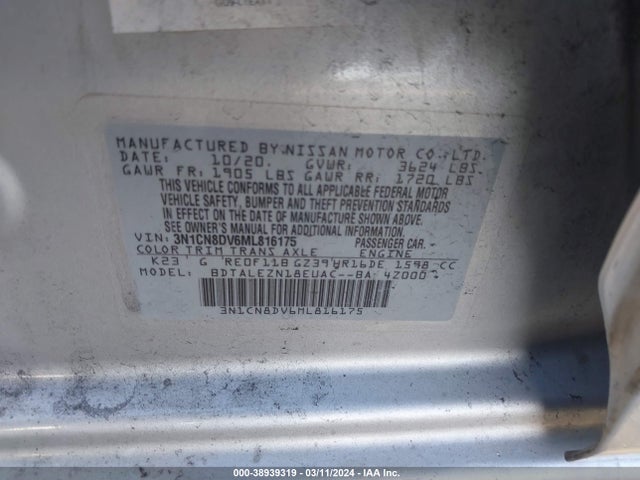 Nissan Versa S Xtronic Cvt 2021 3N1CN8DV6ML816175 Image 9