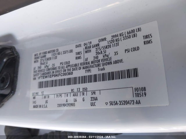 Ford F-150 Xl 2019 1FTEW1EP9KFC00360 Image 9