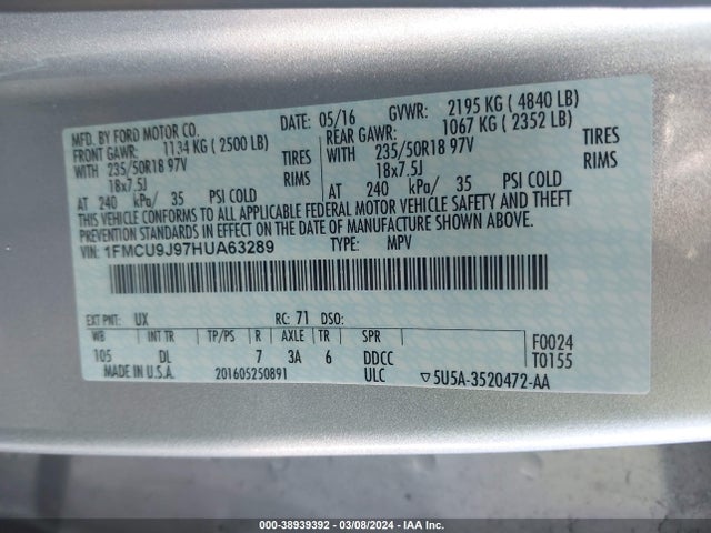 Ford Escape Titanium 2017 1FMCU9J97HUA63289 Image 9
