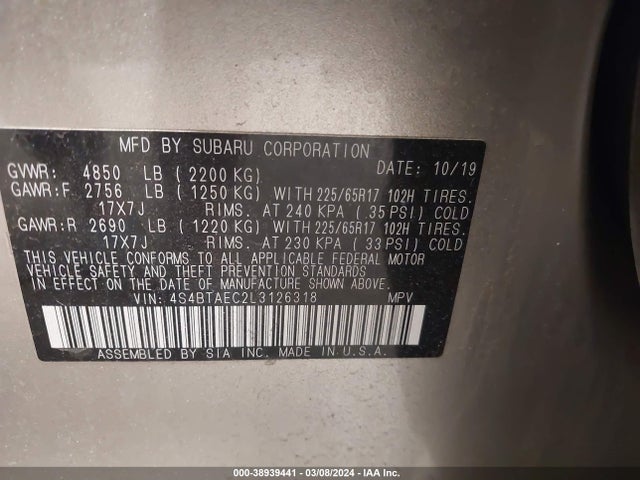2020 Subaru Outback Premium მანქანა იყიდება აუქციონზე, vin: 4S4BTAEC2L3126318, აუქციონის ნომერი: 38939441