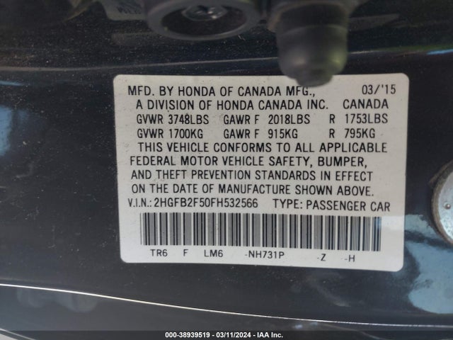 Honda Civic Lx 2015 2HGFB2F50FH532566 Image 9