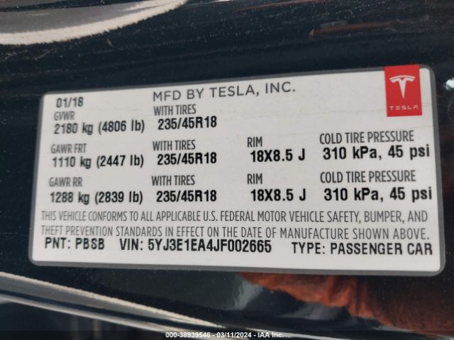 5YJ3E1EA4JF002665 Tesla Model 3 Long Range/mid Range