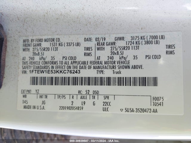 Ford F-150 Xl 2019 1FTEW1E53KKC76243 Image 9