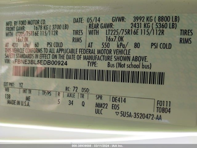 Ford E-350 Super Duty Xlt 2014 1FBNE3BL5EDB00924 Image 9