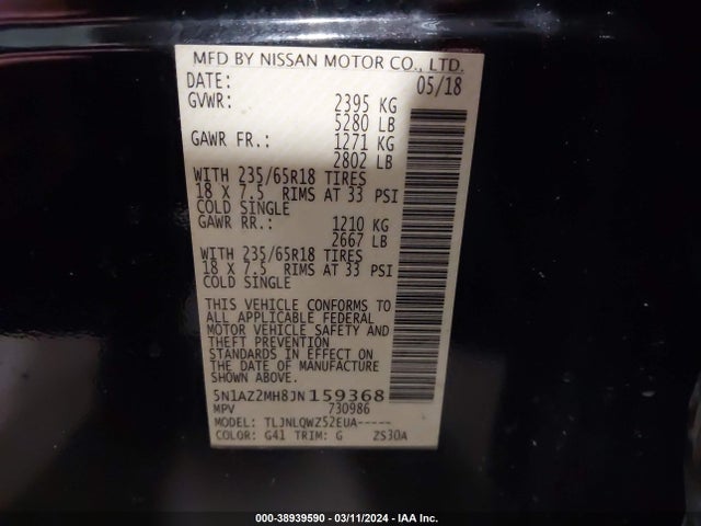 Nissan MURANO SV 2018 5N1AZ2MH8JN159368 Image 9
