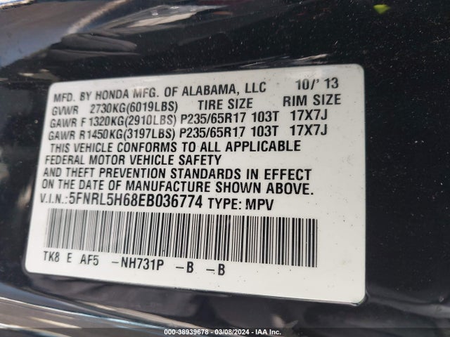 Honda Odyssey Ex-l 2014 5FNRL5H68EB036774 Image 9