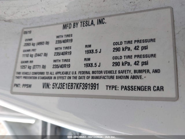 Tesla Model 3 Long Range/performance 2019 5YJ3E1EB7KF391991 Image 9