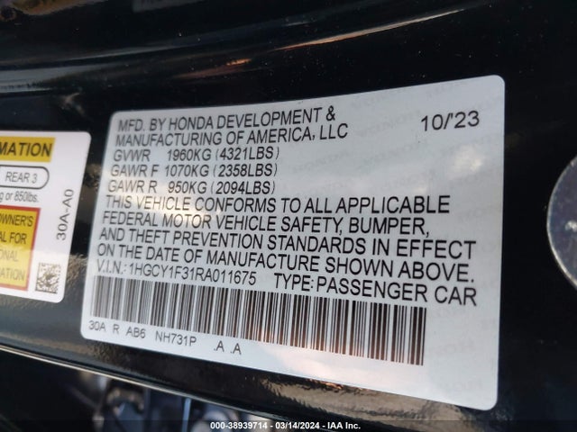 Honda ACCORD EX 2024 1HGCY1F31RA011675 Image 9