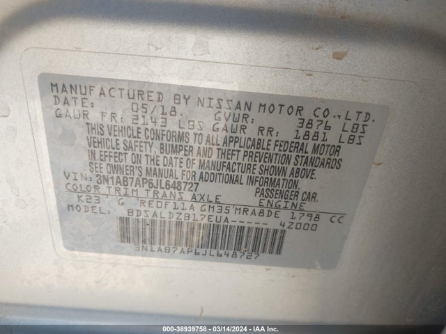 Nissan SENTRA SV 2018 3N1AB7AP6JL648727 Image 9