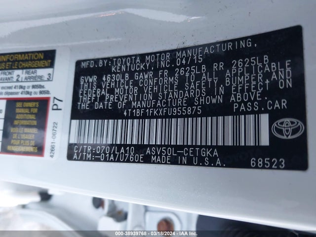 Toyota CAMRY XLE 2015 4T1BF1FKXFU955875 Image 9