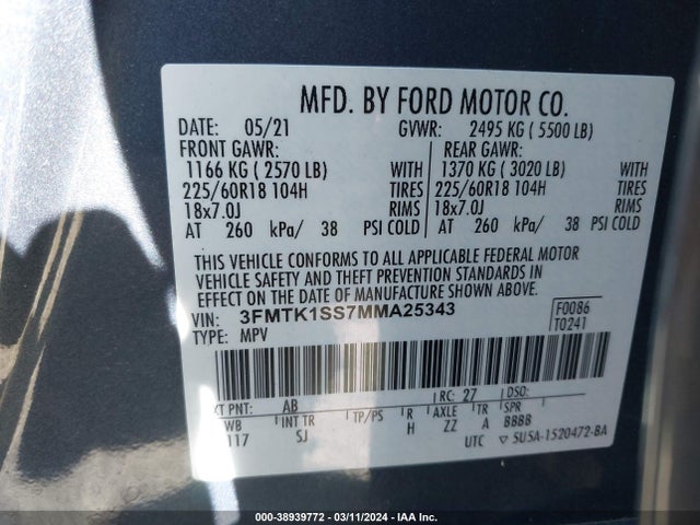 2021 FORD MUSTANG MACH-E SELECT VIN: 3FMTK1SS7MMA25343