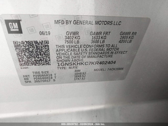 Chevrolet Suburban Lt 2019 1GNSKHKC7KR402404 Image 9
