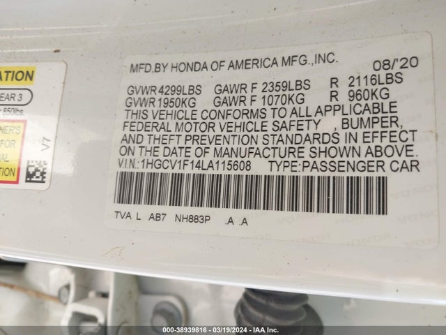 Honda ACCORD LX 2020 1HGCV1F14LA115608 Image 9