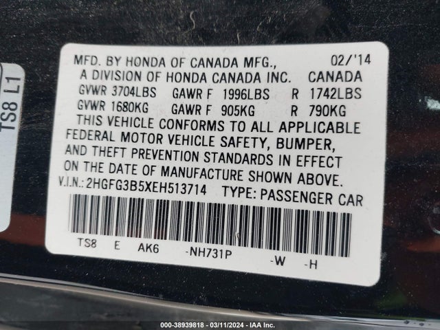 Honda Civic Lx 2014 2HGFG3B5XEH513714 Image 9