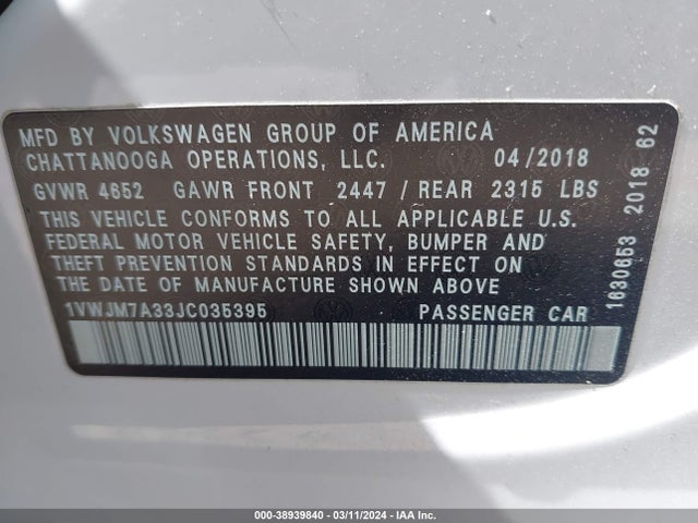 1VWJM7A33JC035395 Volkswagen Passat 3.6l V6 Gt