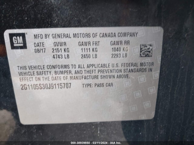 Chevrolet IMPALA 1LT 2018 2G1105S30J9115707 Image 9
