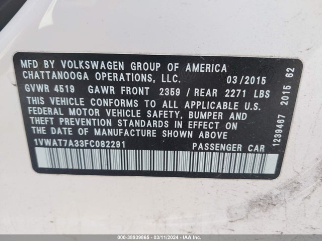 1VWAT7A33FC082291 Volkswagen Passat 1.8t Wolfsburg Edition