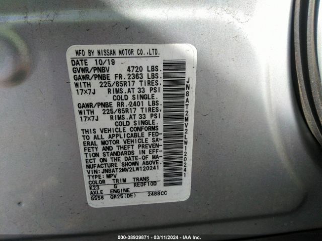 JN8AT2MV2LW120241 Nissan Rogue Sv Intelligent Awd