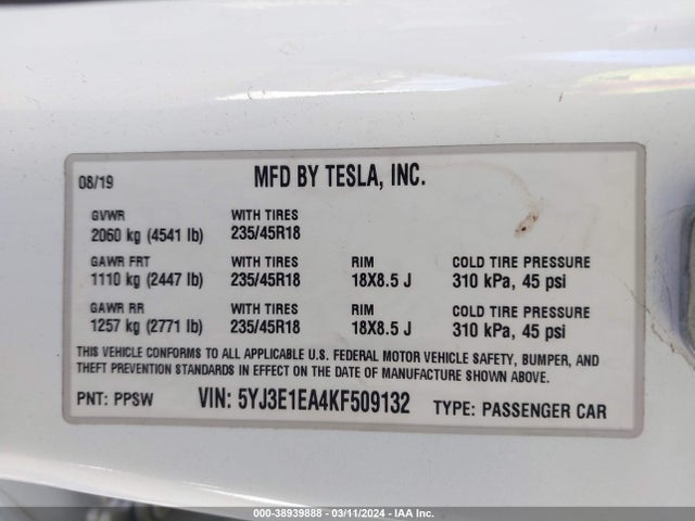5YJ3E1EA4KF509132 Tesla Model 3 Long Range/mid Range/standard Range/standard Range Plus