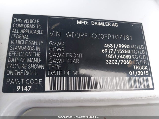 2015 MERCEDES-BENZ SPRINTER 3500 HIGH ROOF VIN: WD3PF1CC0FP107181