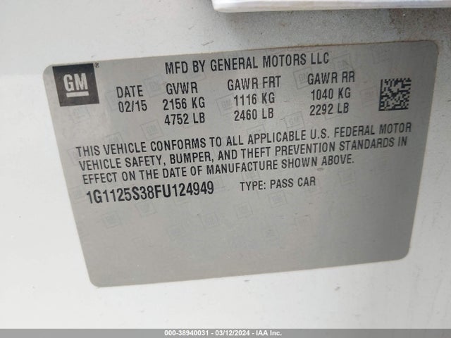 Chevrolet Impala 2lt 2015 1G1125S38FU124949 Image 9