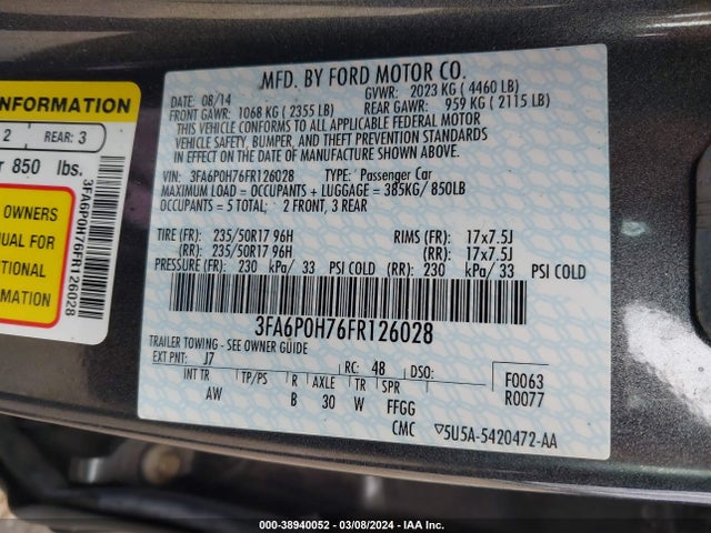 Ford FUSION SE 2015 3FA6P0H76FR126028 Image 9