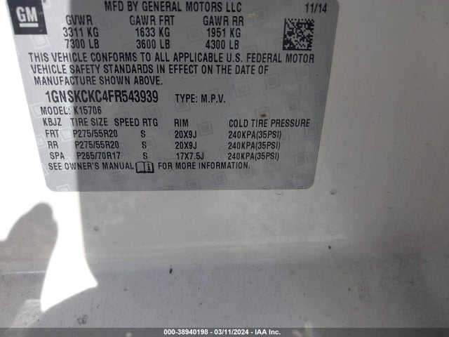 Chevrolet Tahoe Ltz 2015 1GNSKCKC4FR543939 Image 9
