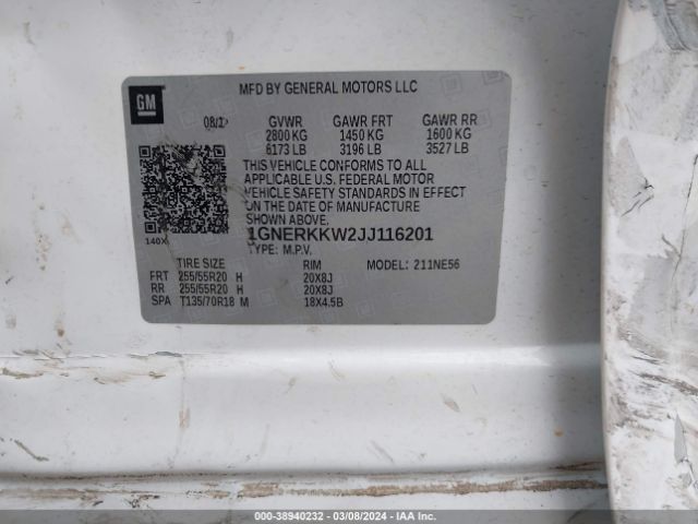 1GNERKKW2JJ116201 Chevrolet Traverse Premier