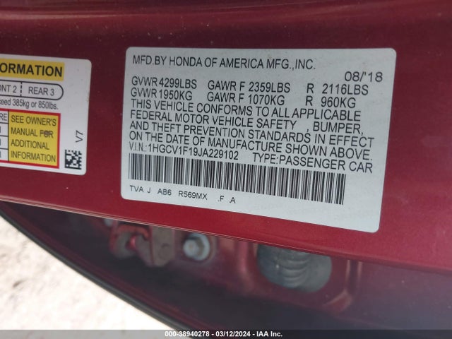Honda ACCORD LX 2018 1HGCV1F19JA229102 Image 9
