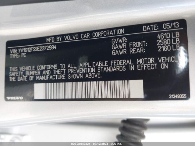 YV1612FS9E2272984 Volvo S60 T5/t5 Platinum/t5 Premier/t5 Premier Plus