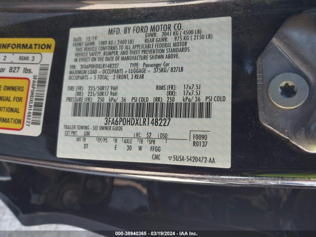 Ford FUSION SE 2020 3FA6P0HDXLR148227 Image 9