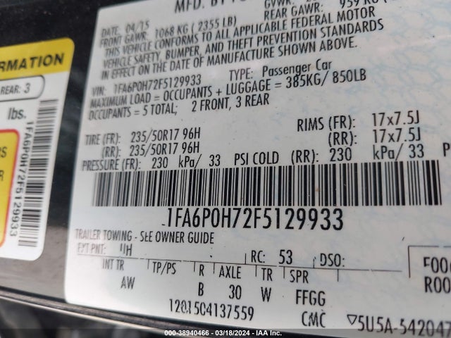 Ford FUSION SE 2015 1FA6P0H72F5129933 Image 9