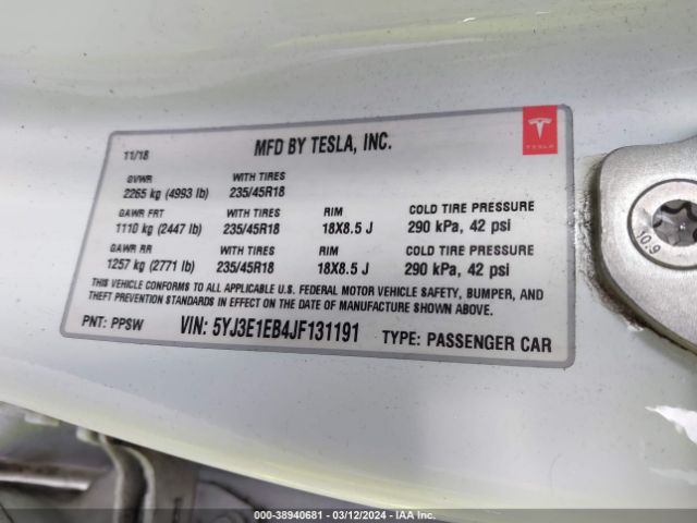 5YJ3E1EB4JF131191 Tesla Model 3 Long Range/performance