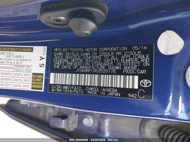 Toyota Prius Two 2016 JTDKBRFU9G3525178 Image 9
