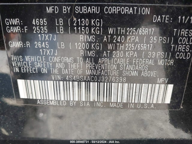 Subaru Outback 2.5i 2018 4S4BSAAC0J3276398 Image 9