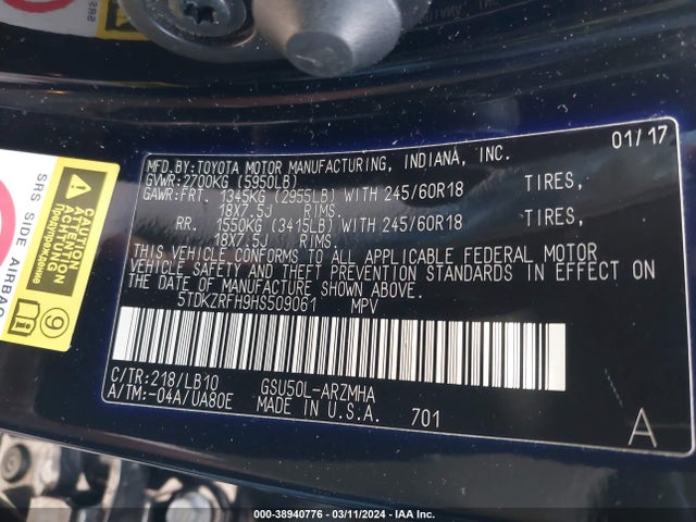 Toyota Highlander Xle 2017 5TDKZRFH9HS509061 Image 9