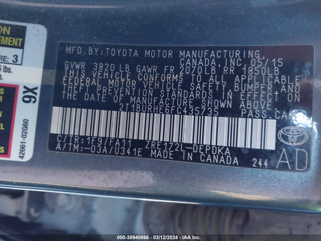 Toyota COROLLA L 2015 2T1BURHE6FC435735 Image 9
