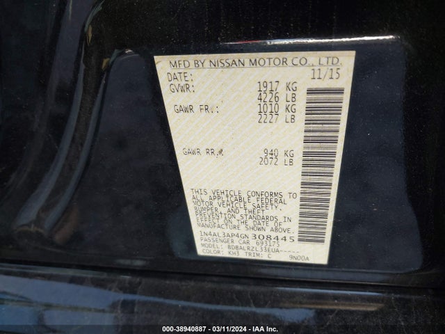 Nissan Altima 2.5/2.5 S/2.5 Sl/2.5 Sr/2.5 Sv 2016 1N4AL3AP4GN308445 Image 9