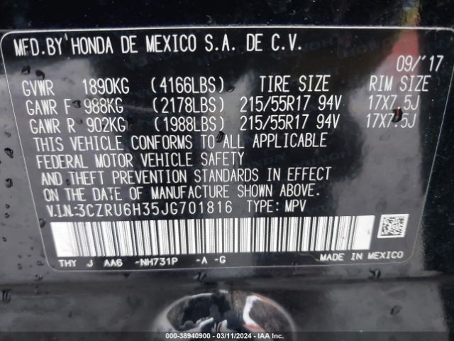 3CZRU6H35JG701816 Honda HR-V LX