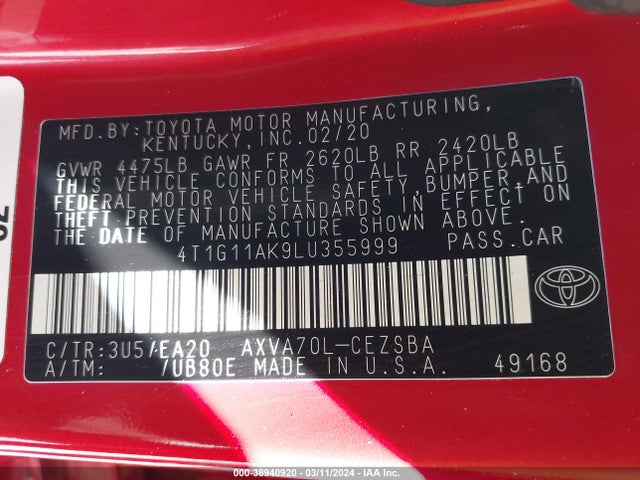 Toyota CAMRY SE 2020 4T1G11AK9LU355999 Image 9