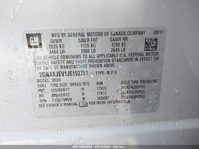 Chevrolet EQUINOX LT 2018 2GNAXJEV1J6192751 Image 9