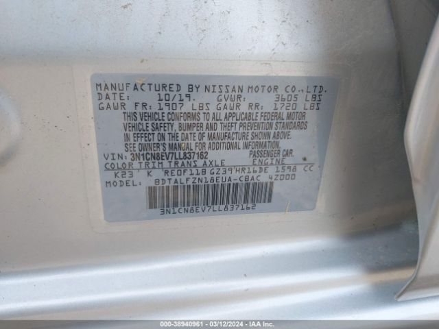 3N1CN8EV7LL837162 Nissan Versa Sv Xtronic Cvt